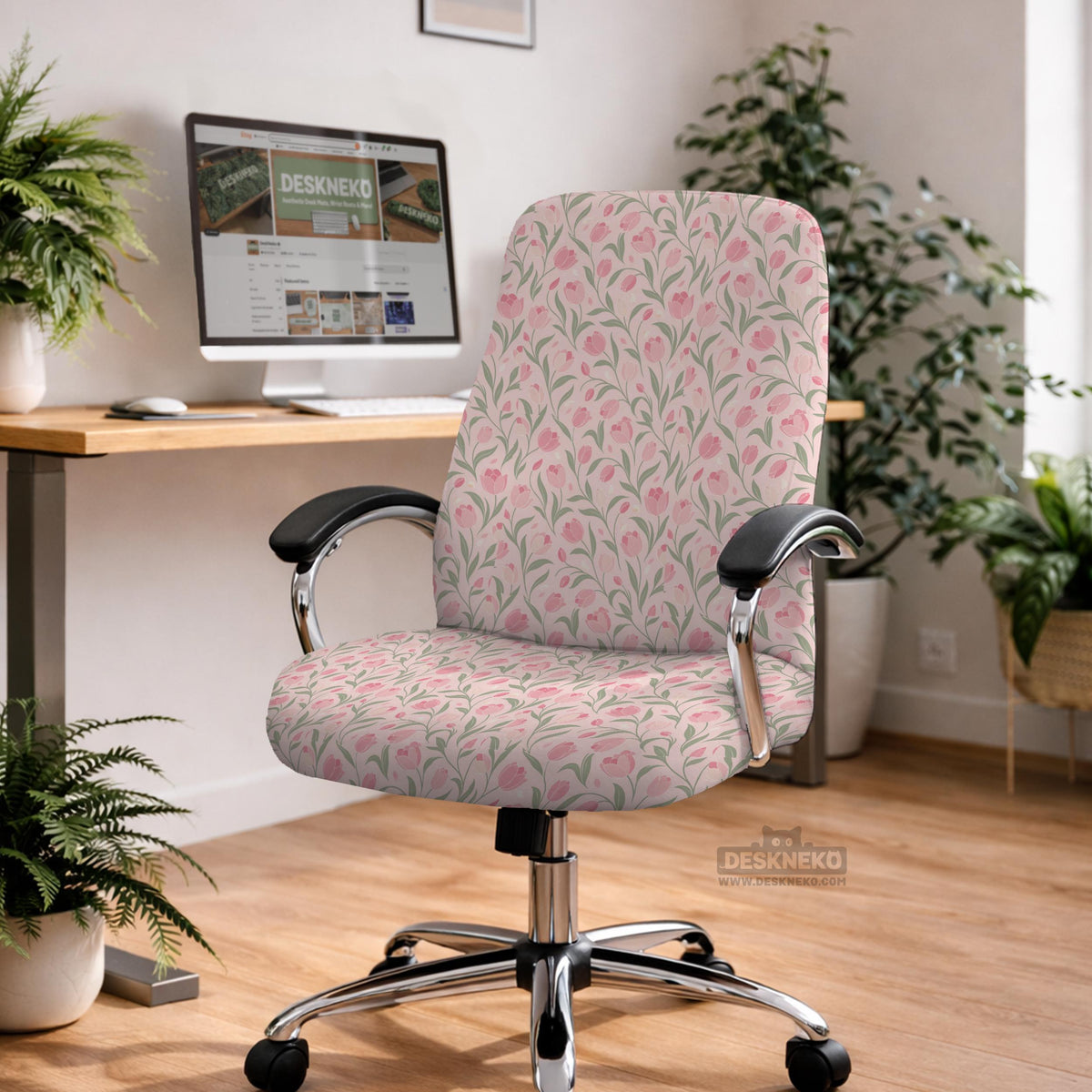 Pink chair cover with a tulip floral print shown as a desk chair slipcover, with armrest covers and size options.
