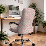Pink chair cover with a tulip floral print shown as a desk chair slipcover, with armrest covers and size options.