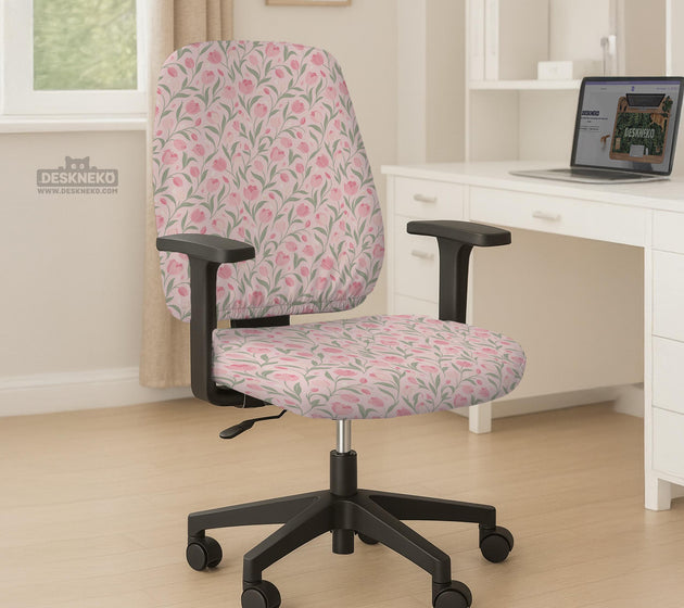 Pink chair cover with a tulip floral print shown as a desk chair slipcover, with armrest covers and size options.