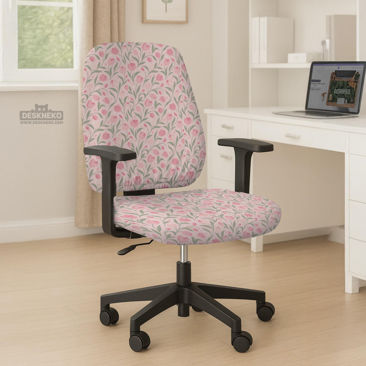 Pink chair cover with a tulip floral print shown as a desk chair slipcover, with armrest covers and size options.