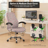 Pink chair cover with a tulip floral print shown as a desk chair slipcover, with armrest covers and size options.