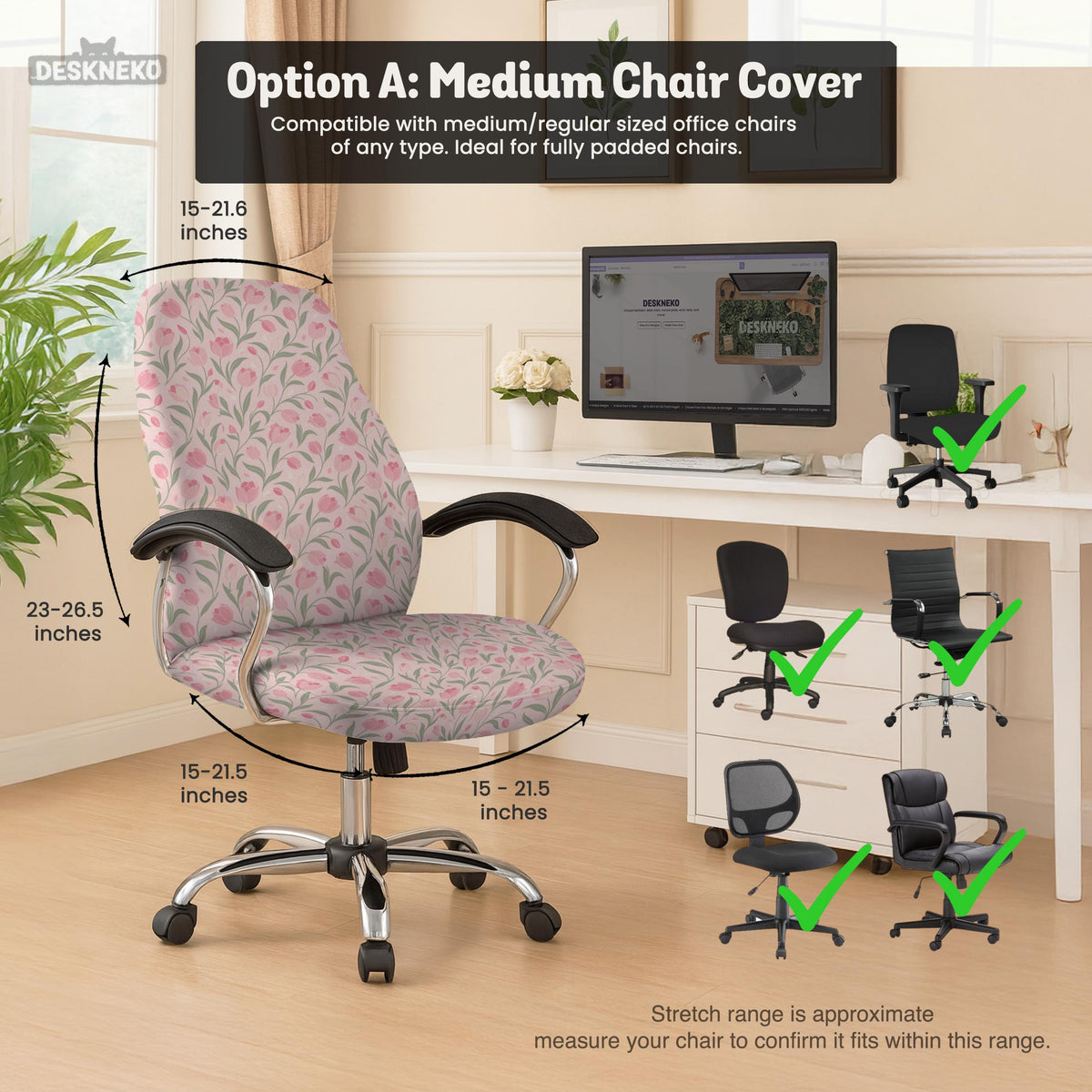 Pink floral stretch chair cover with a tulip pattern shown on a high-back gaming or office chair.