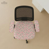 Pink chair cover with a tulip floral print shown as a desk chair slipcover, with armrest covers and size options.
