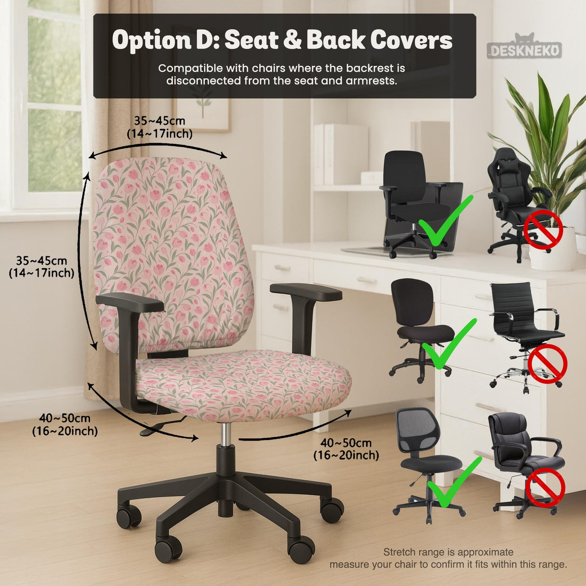Pink chair cover with a tulip floral print shown as a desk chair slipcover, with armrest covers and size options.