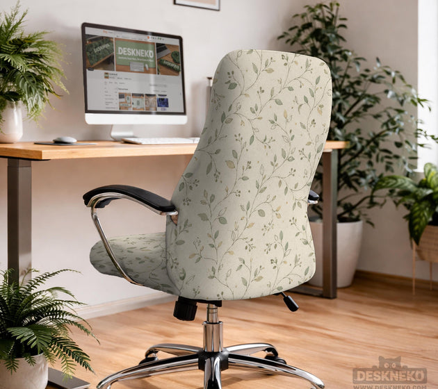 An ivory chair cover set with a subtle vine pattern shown on a black gaming chair, including cover options for the chair back, seat, and armrests.