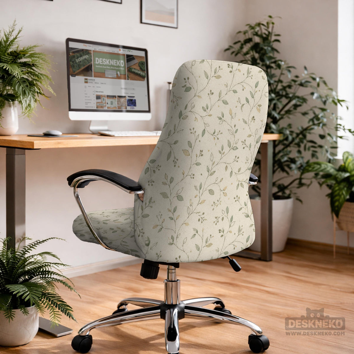 An ivory chair cover set with a subtle vine pattern shown on a black gaming chair, including cover options for the chair back, seat, and armrests.