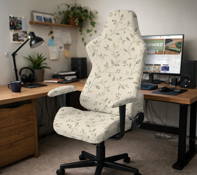 An ivory chair cover set with a subtle vine pattern shown on a black gaming chair, including cover options for the chair back, seat, and armrests.