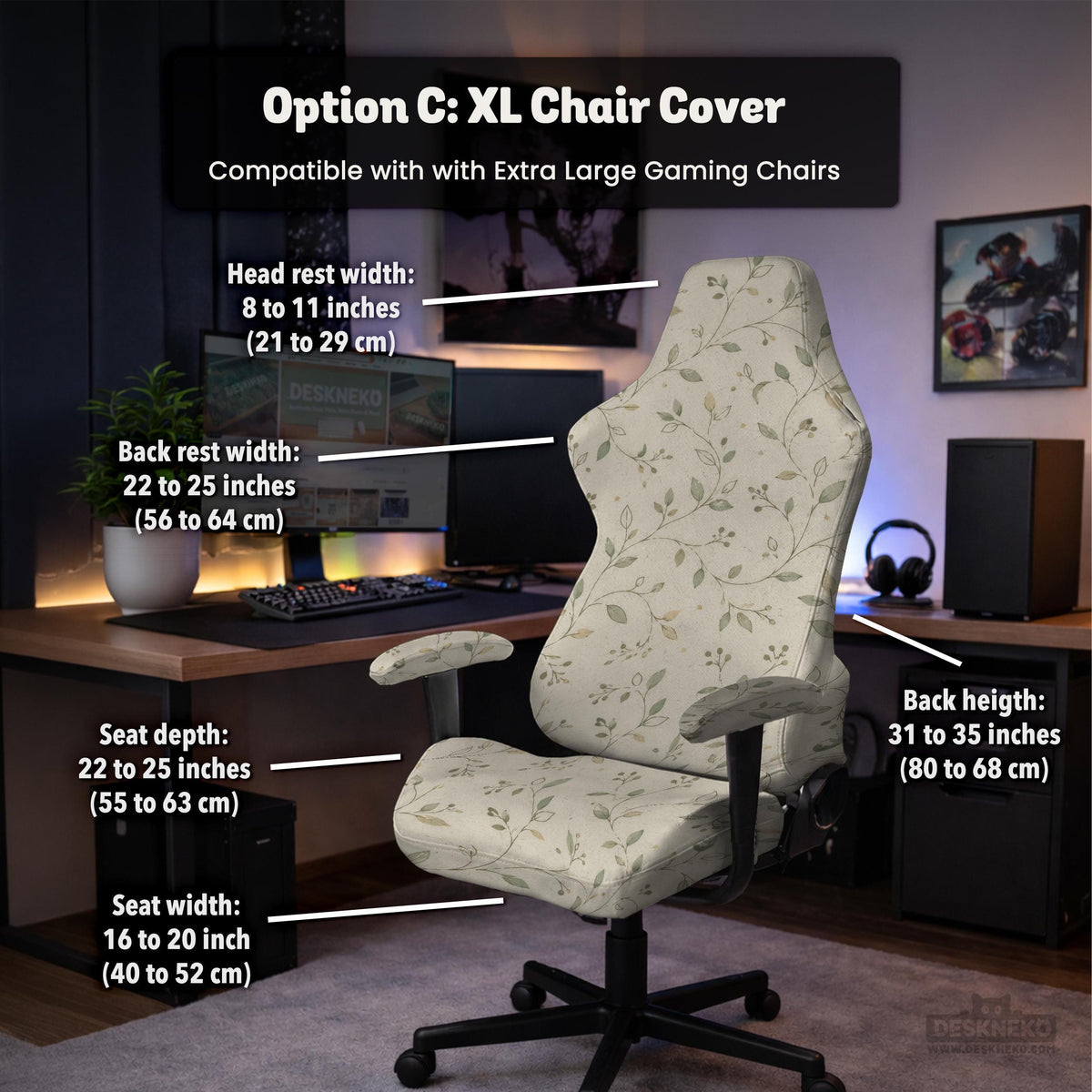 Cream floral chair covers with muted sage leaves and fine vine details on an ivory background, shown as multiple slipcover options for chair backs, seats, and armrests.