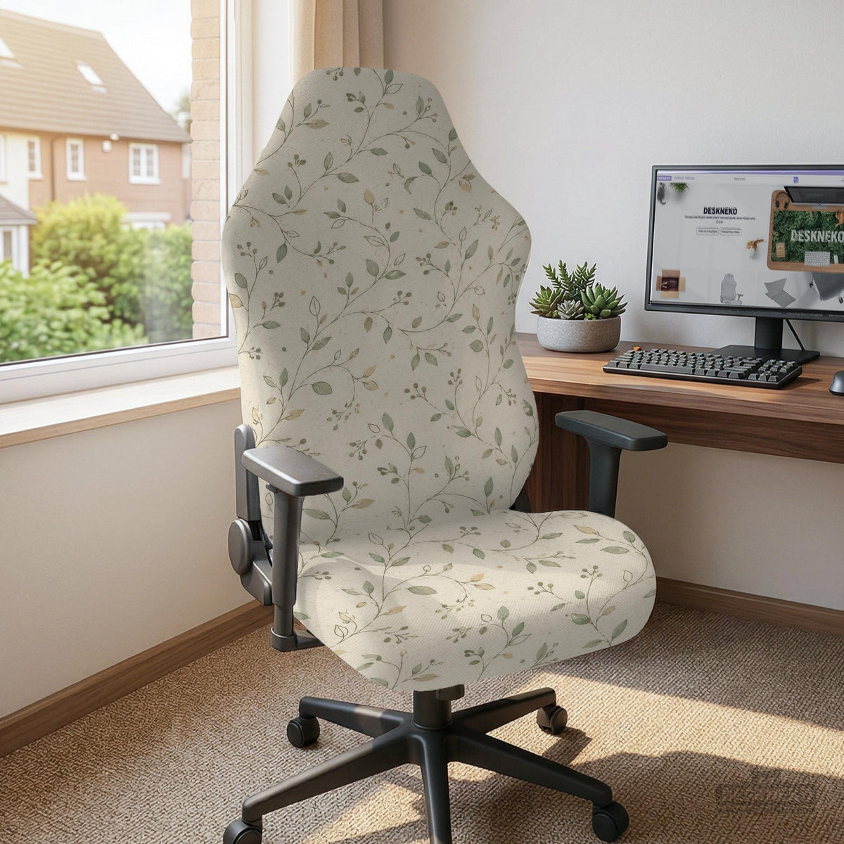 An ivory chair cover set with a subtle vine pattern shown on a black gaming chair, including cover options for the chair back, seat, and armrests.
