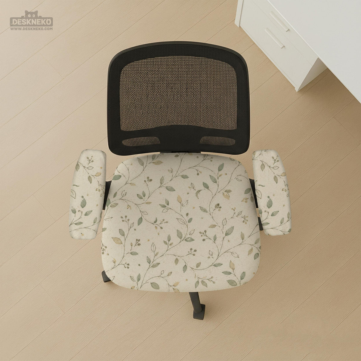 Cream floral chair covers with muted sage leaves and fine vine details on an ivory background, shown as multiple slipcover options for chair backs, seats, and armrests.