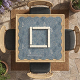 Blue mahjong mat with a dusty linen-look background and small leafy botanical stems in a floral pattern.
