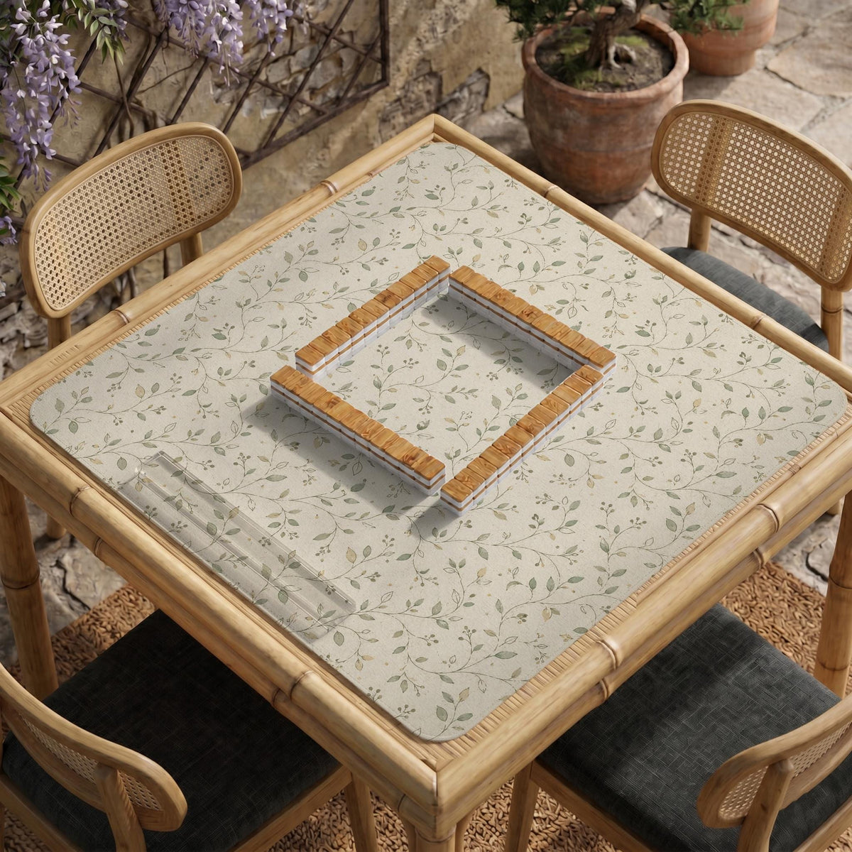 Sage green mahjong mat with vine and botanical artwork in cream neutral tones, shown in a cottagecore style with a tablecloth-style format.