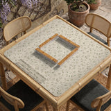 Sage green mahjong mat with vine and botanical artwork in cream neutral tones, shown in a cottagecore style with a tablecloth-style format.