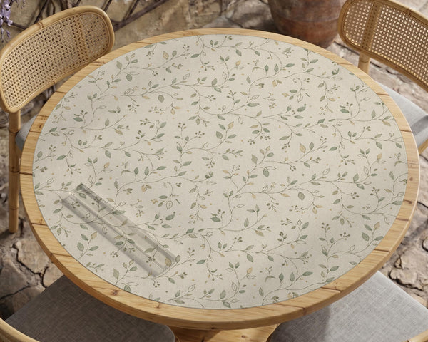 Sage green mahjong mat with vine and botanical artwork in cream neutral tones, shown in a cottagecore style with a tablecloth-style format.