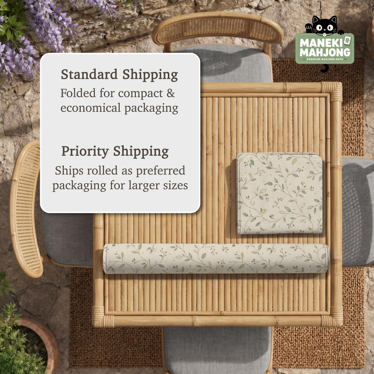 Sage green mahjong mat with vine and botanical artwork in cream neutral tones, shown in a cottagecore style with a tablecloth-style format.