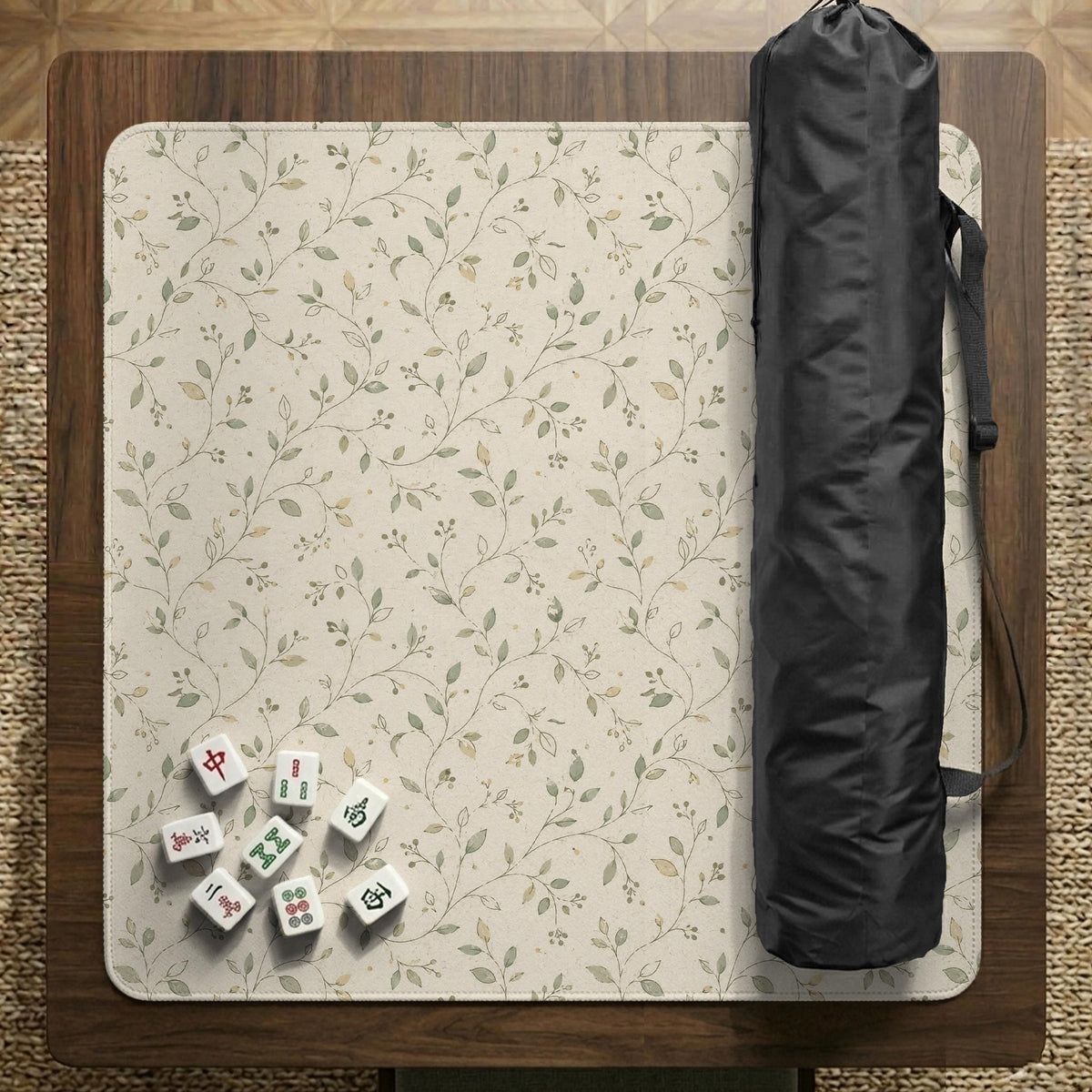Sage green mahjong mat with vine and botanical artwork in cream neutral tones, shown in a cottagecore style with a tablecloth-style format.