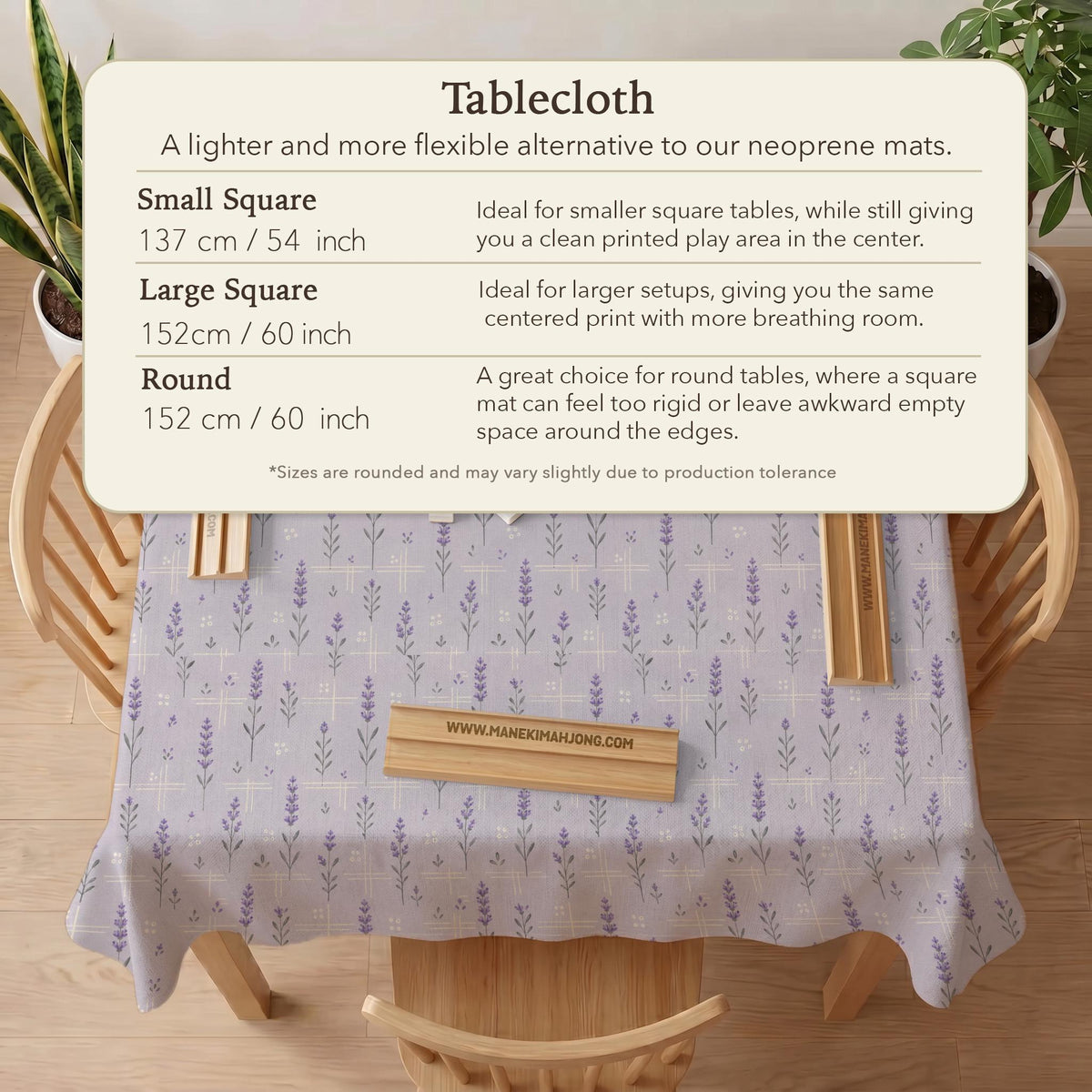 Lavender mahjong mat with a pale purple background, small botanical sprigs, and fine grid lines.