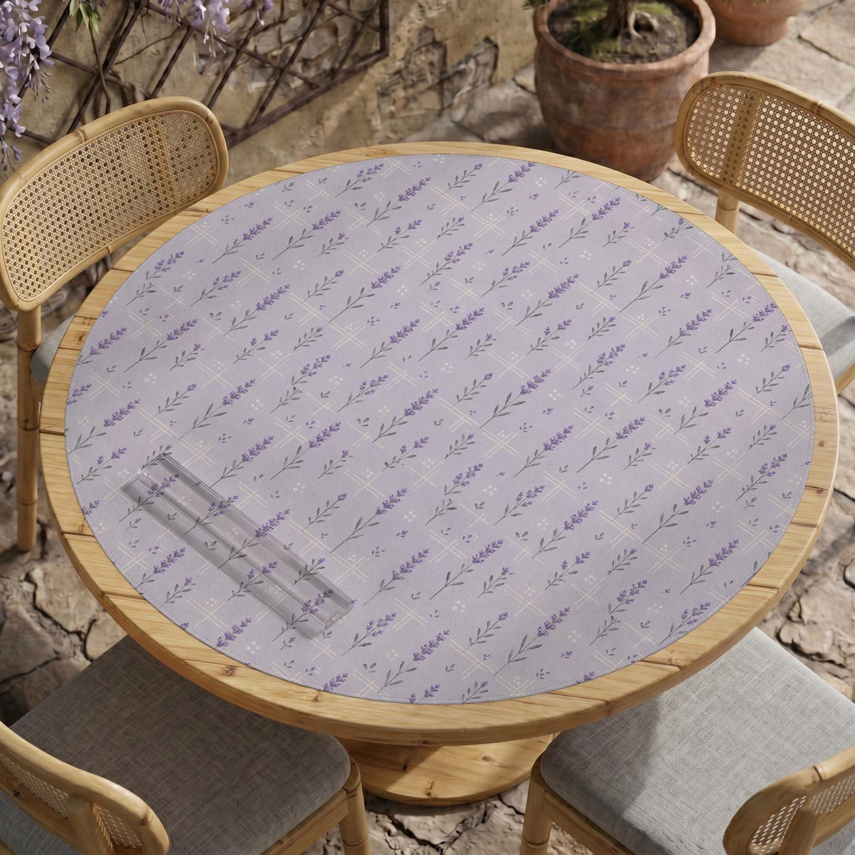 Lavender mahjong mat with a pale purple background, small botanical sprigs, and fine grid lines.