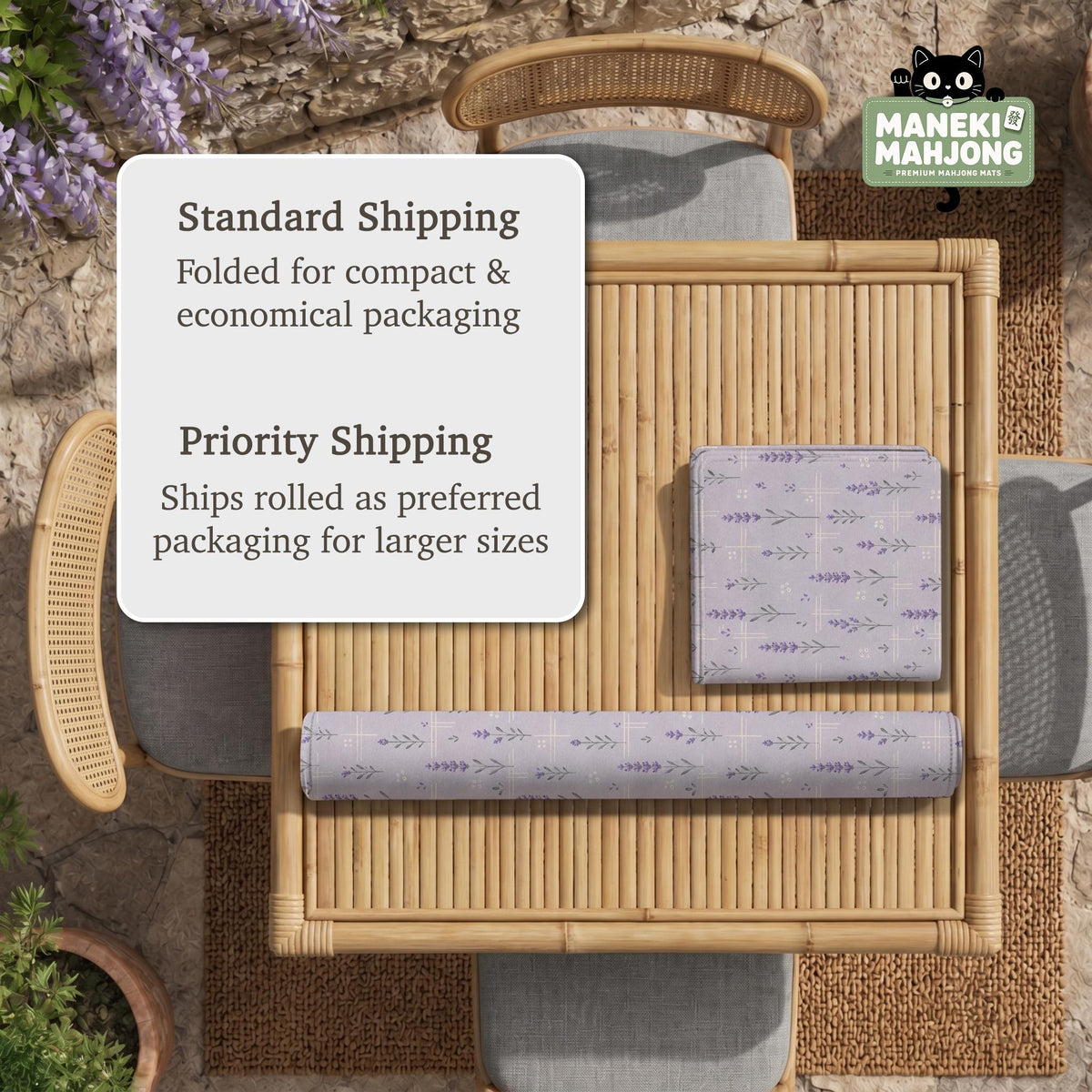 Lavender mahjong mat with a pale purple background, small botanical sprigs, and fine grid lines.