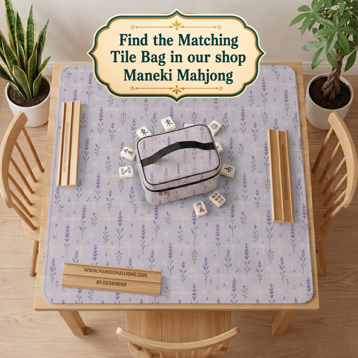 Lavender mahjong mat with a pale purple background, small botanical sprigs, and fine grid lines.