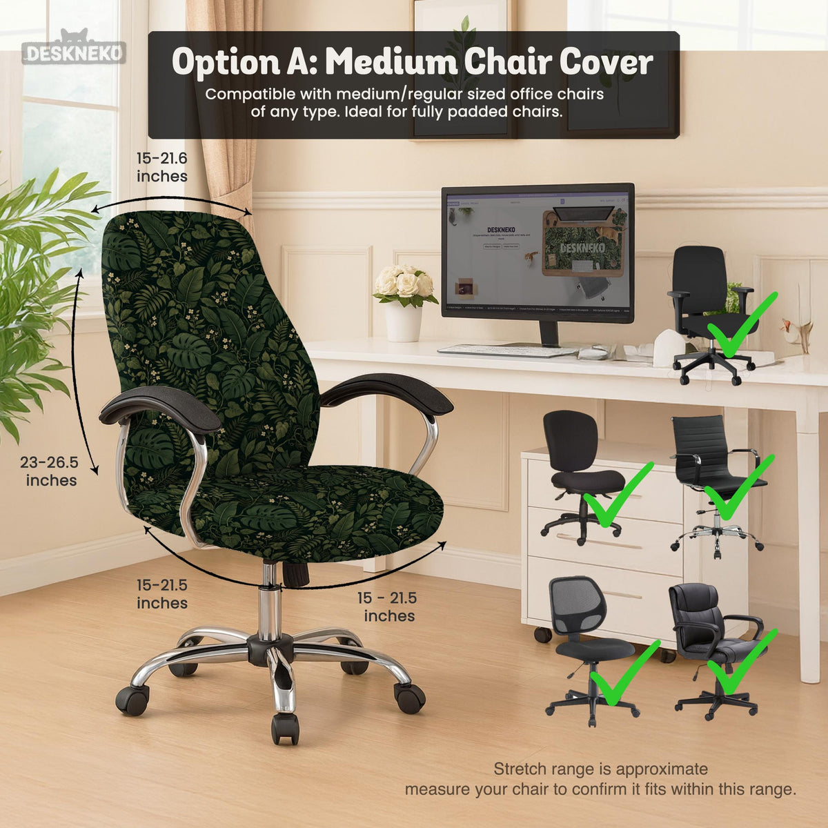 Forest green chair cover with a tropical leaf pattern featuring monstera leaves and small cream flowers.