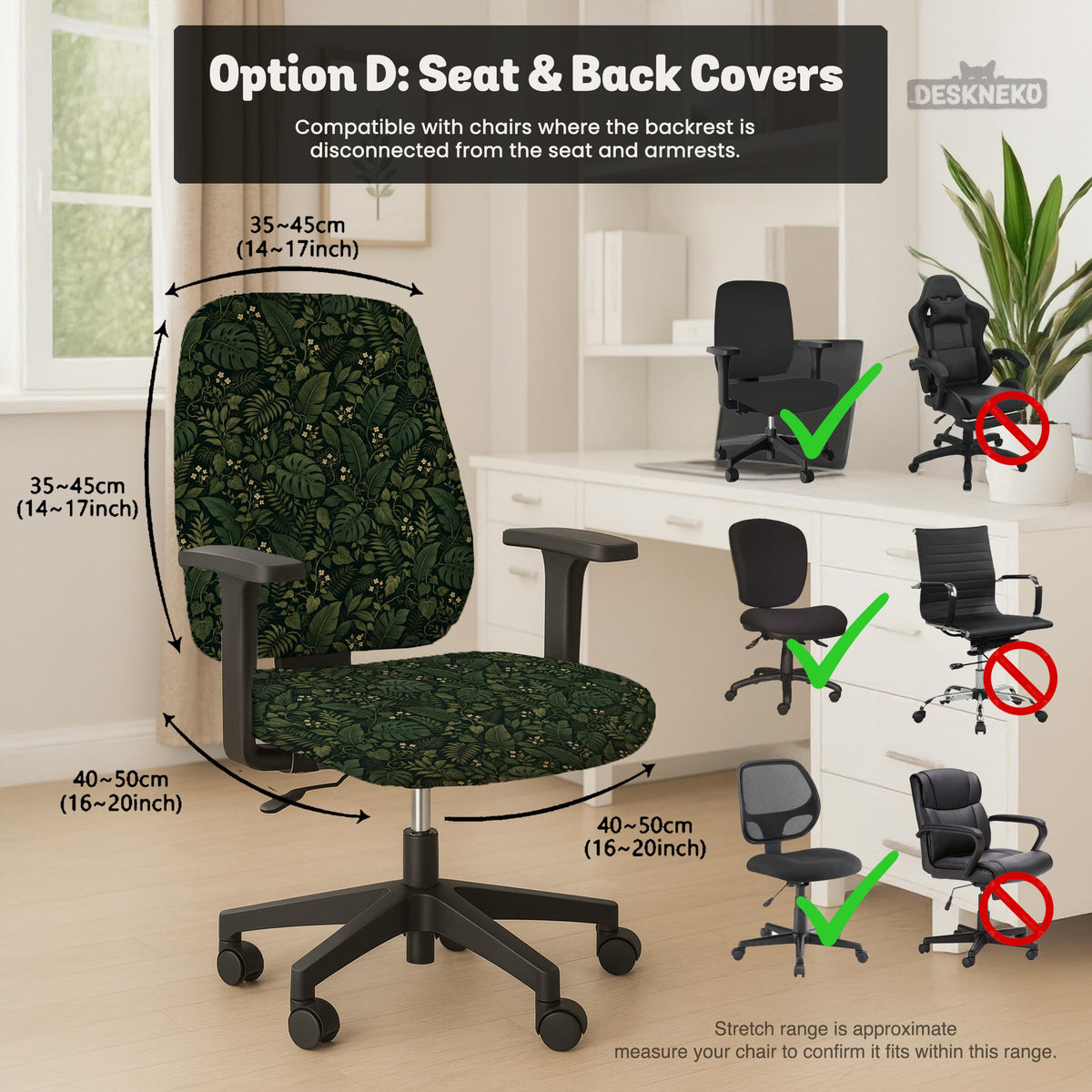 Forest green chair cover with a tropical leaf pattern featuring monstera leaves and small cream flowers.