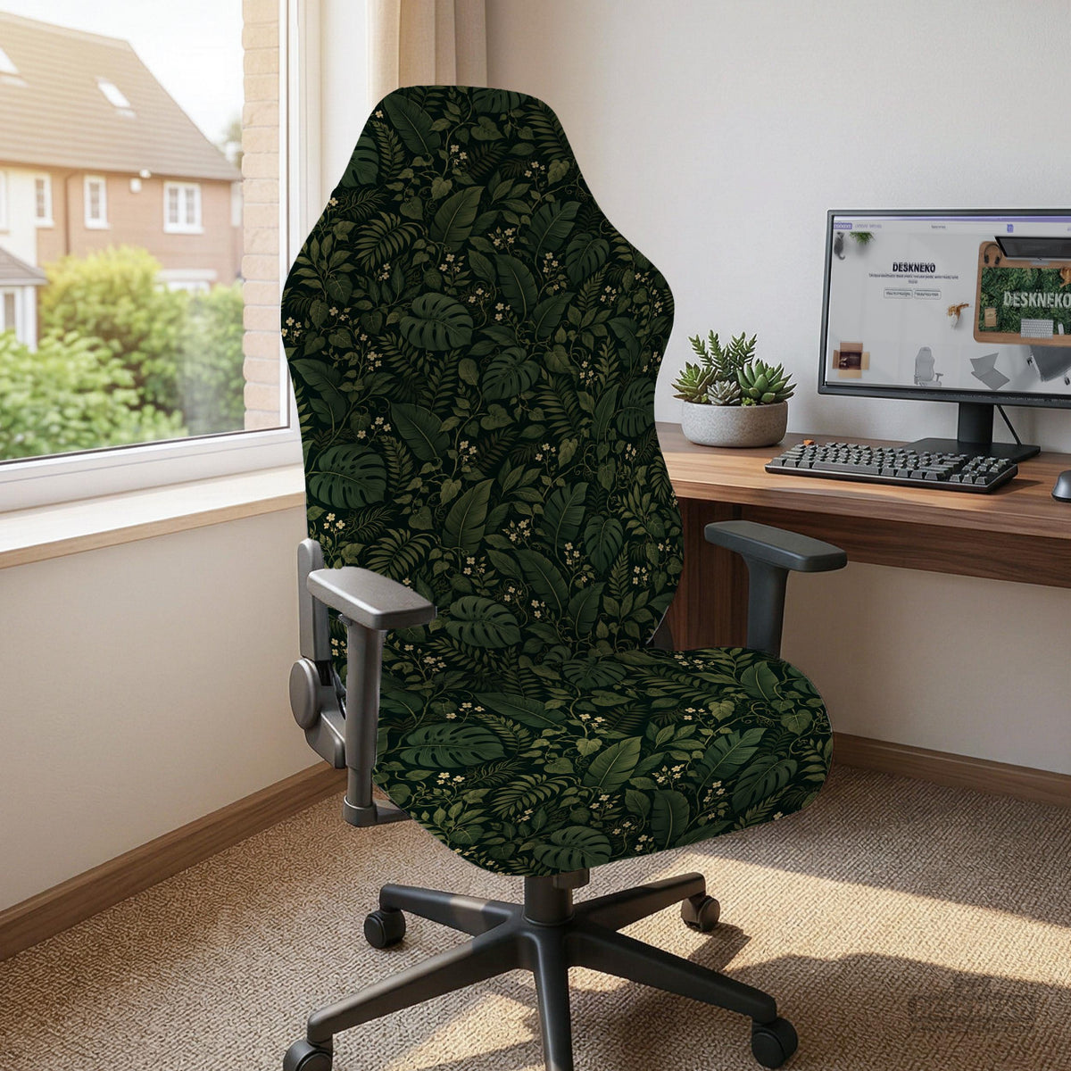 Forest green chair cover with a tropical leaf pattern featuring monstera leaves and small cream flowers.