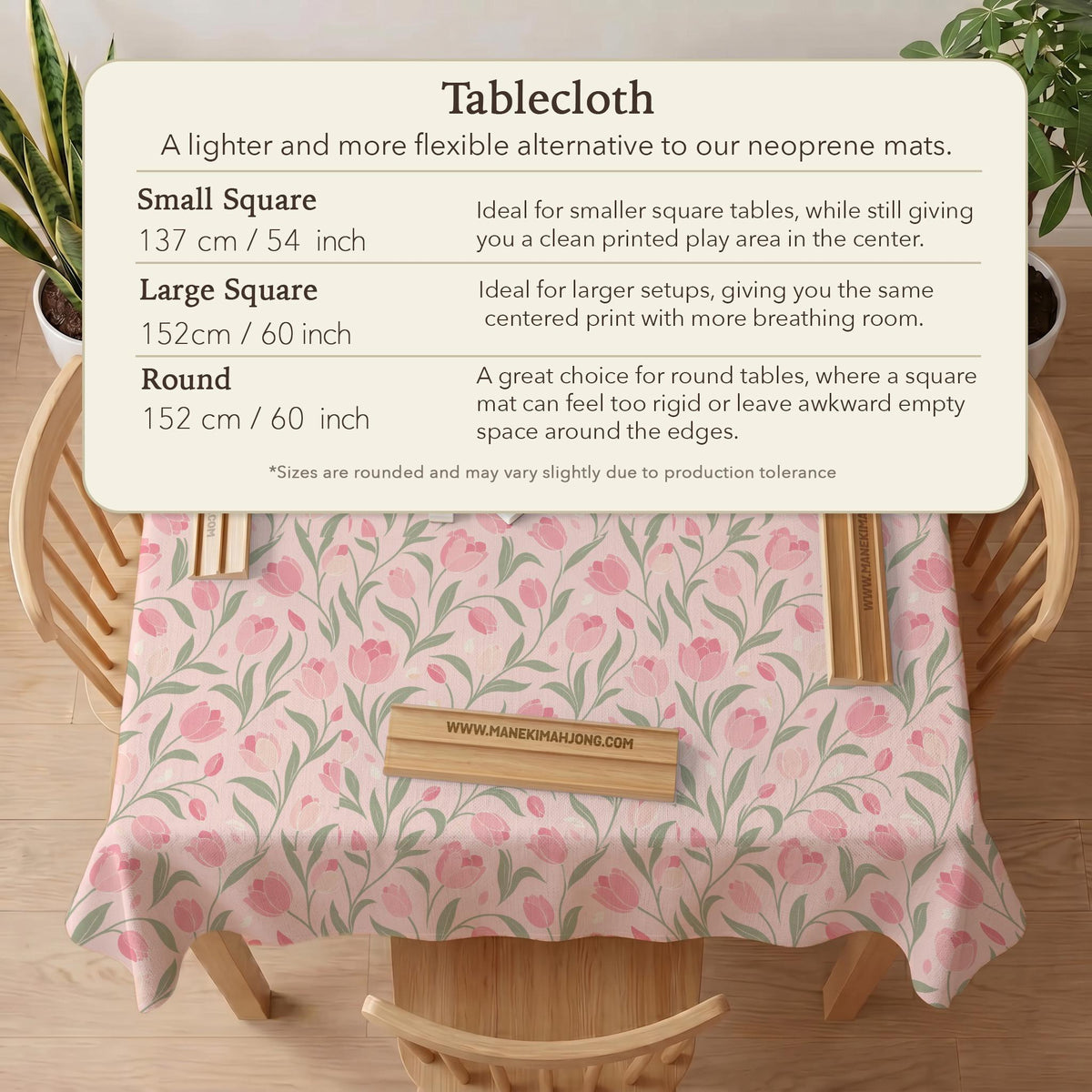 Pink mahjong mat with a botanical tulip floral pattern in blush tones, shown in a tablecloth-style square layout.