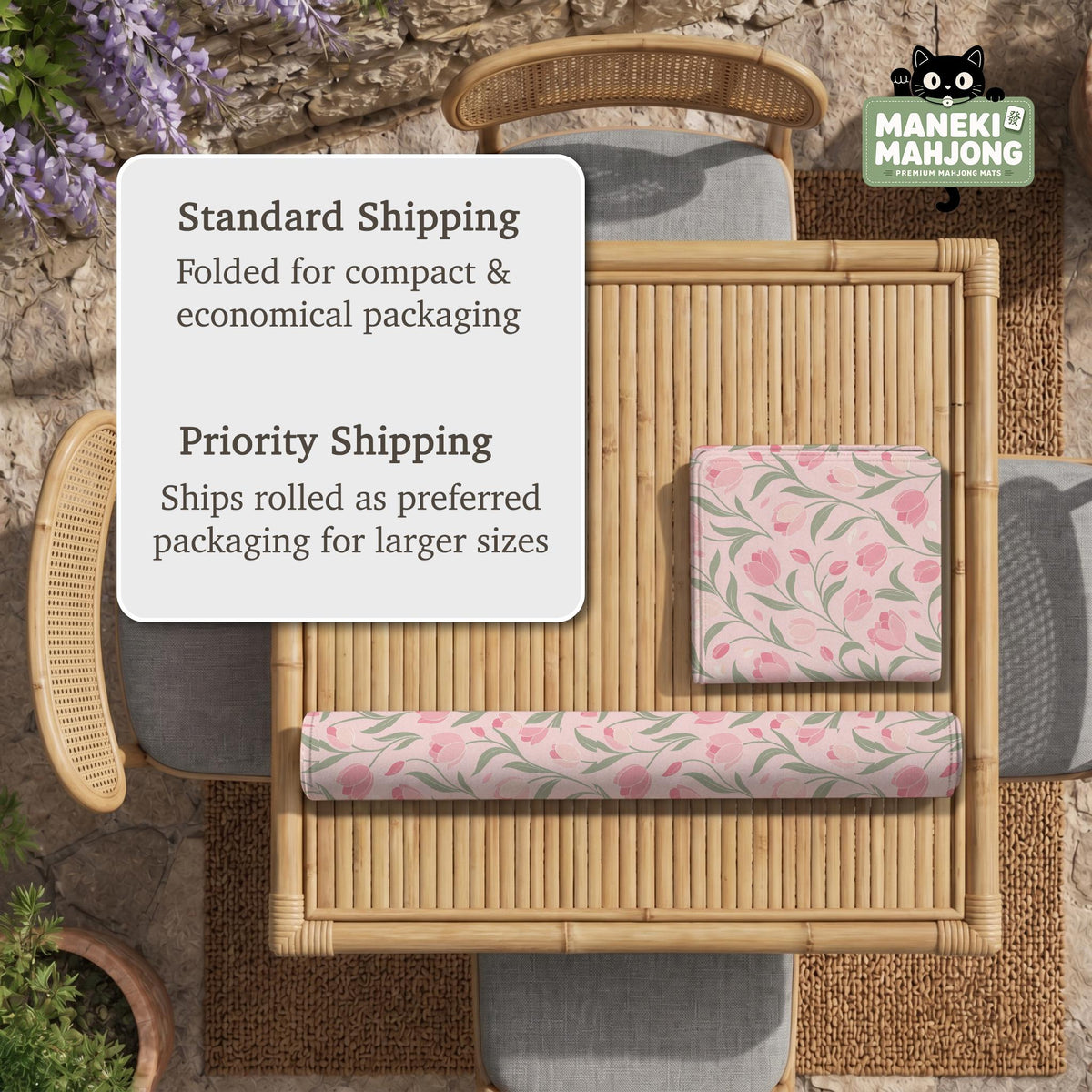 Pink mahjong mat with a tulip floral pattern in blush and sage tones and a scalloped edge.