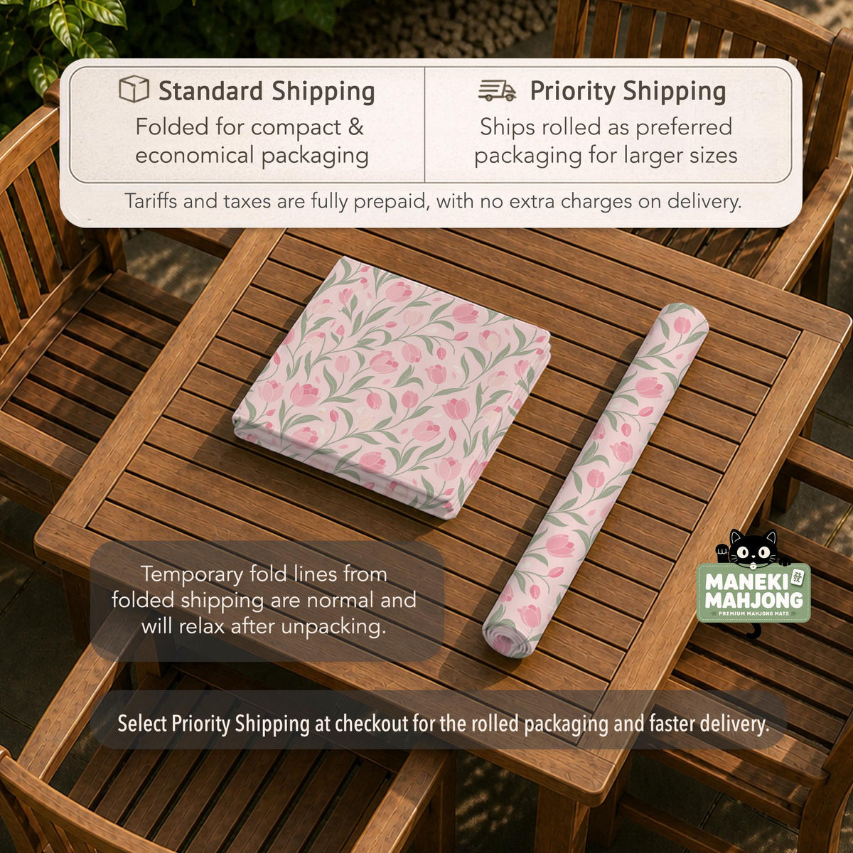 A pink mahjong mat with tulip flowers, sage leaves, and a light pastel background.