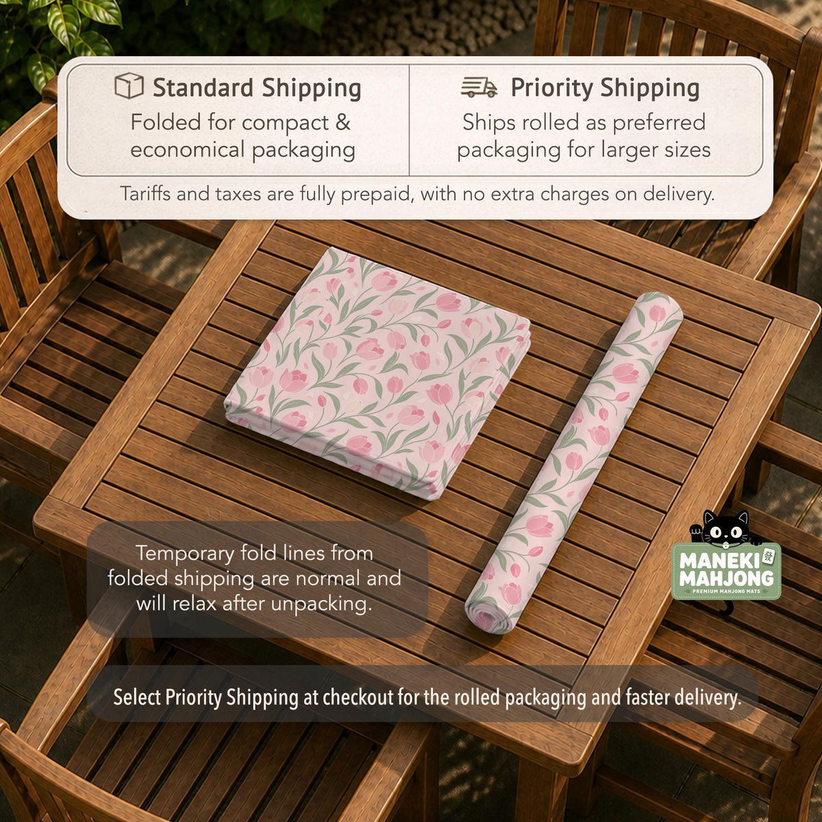 Pink mahjong mat with a botanical tulip floral pattern in blush tones, shown in a tablecloth-style square layout.