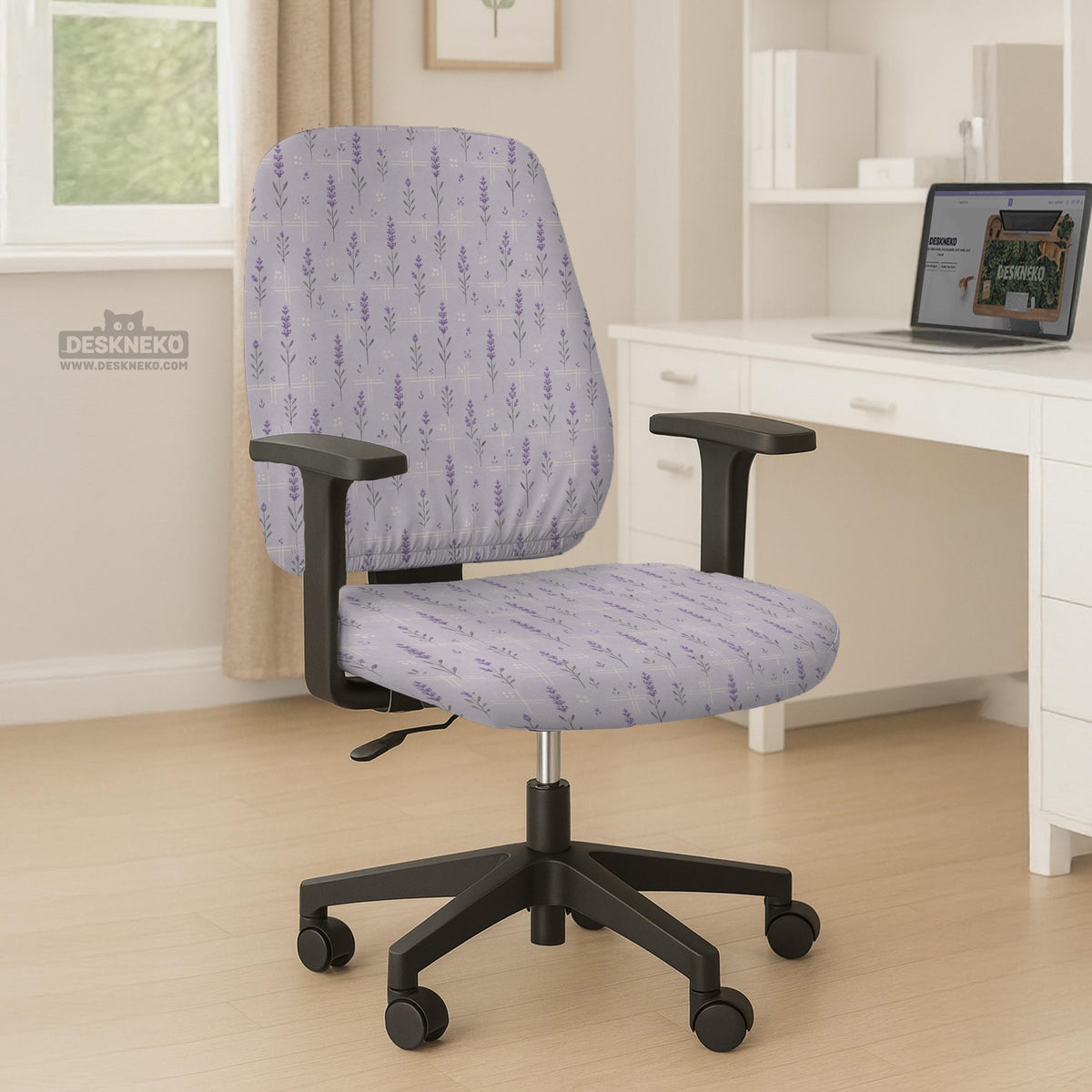 Lavender floral office chair cover with a light neutral background and small purple flower pattern.