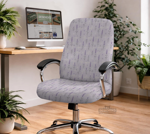 Lavender floral office chair cover with a light neutral background and small purple flower pattern.