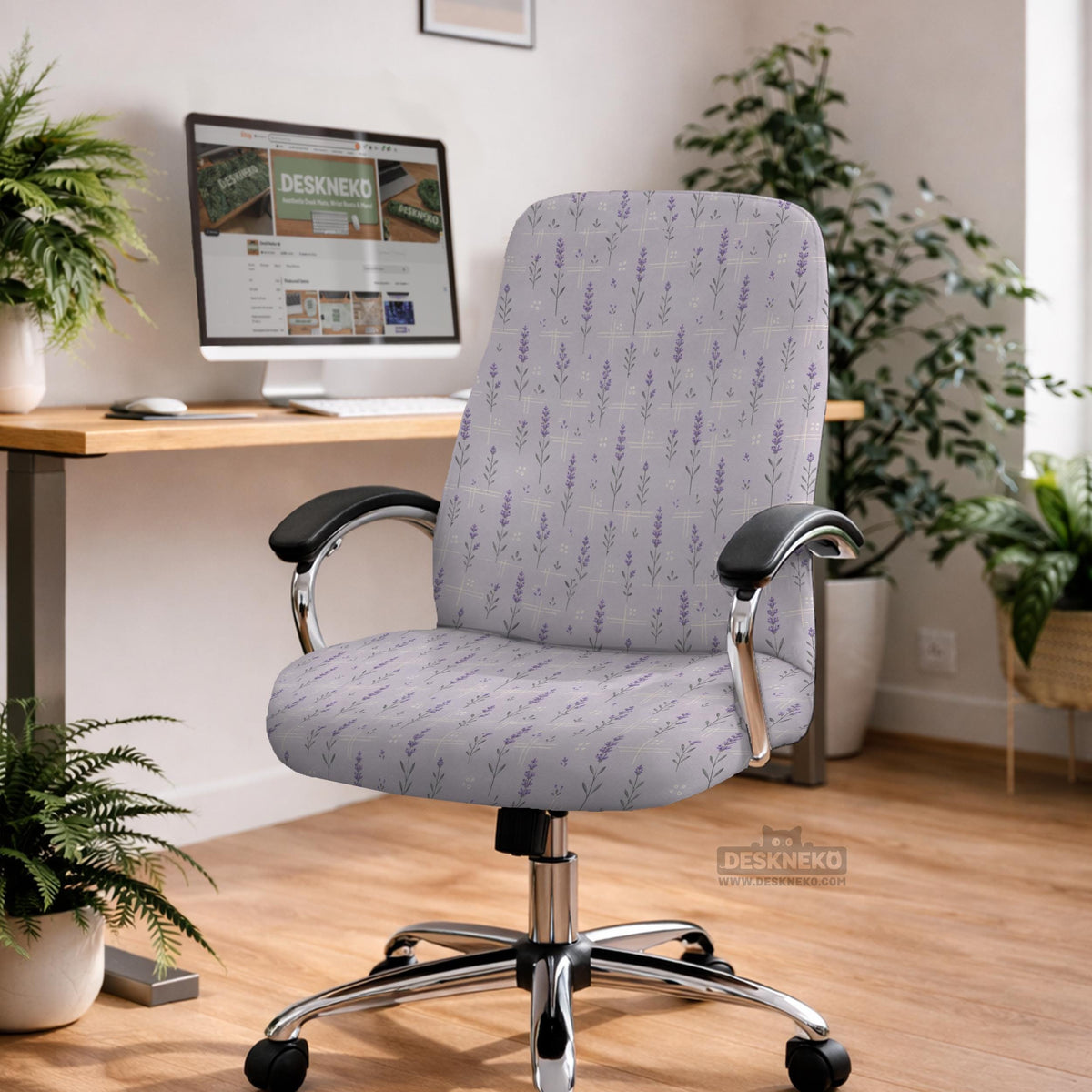 Lavender floral office chair cover with a light neutral background and small purple flower pattern.