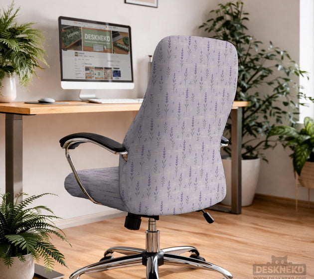 Lavender floral office chair cover with a light neutral background and small purple flower pattern.