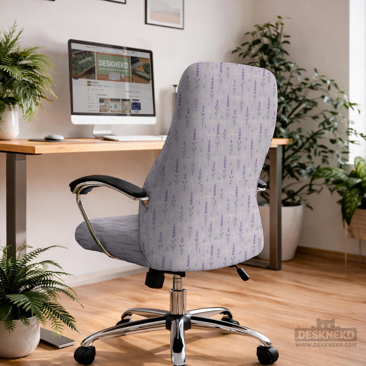 Lavender floral office chair cover with a light neutral background and small purple flower pattern.