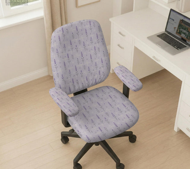 Lavender floral office chair cover with a light neutral background and small purple flower pattern.