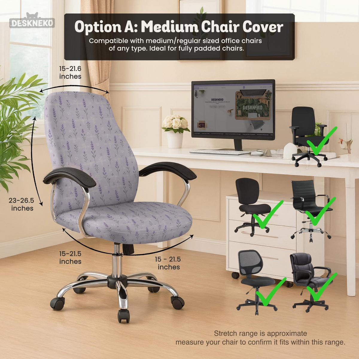 Lavender floral office chair cover with a light neutral background and small purple flower pattern.