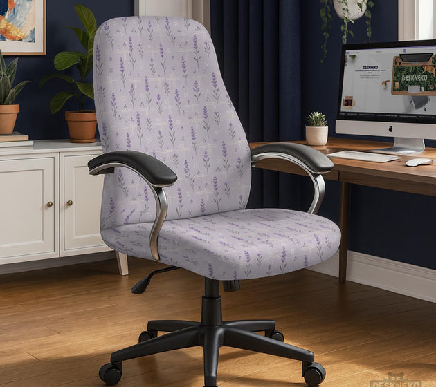 Lavender floral office chair cover with a light neutral background and small purple flower pattern.