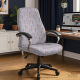 Lavender floral office chair cover with a light neutral background and small purple flower pattern.