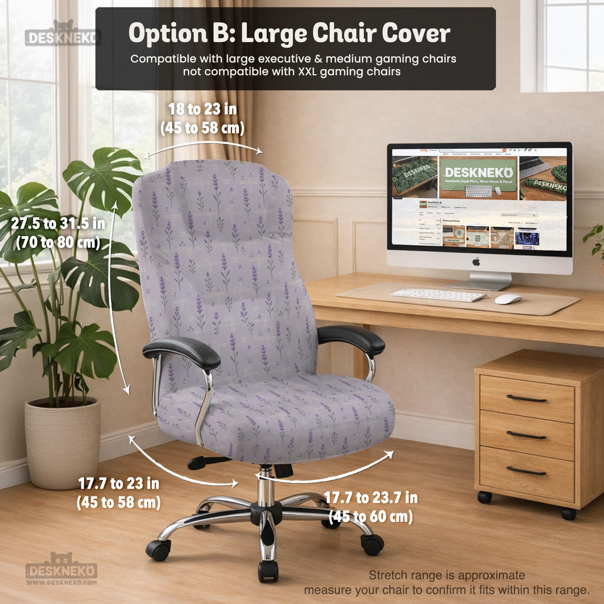 Lavender floral office chair cover with a light neutral background and small purple flower pattern.