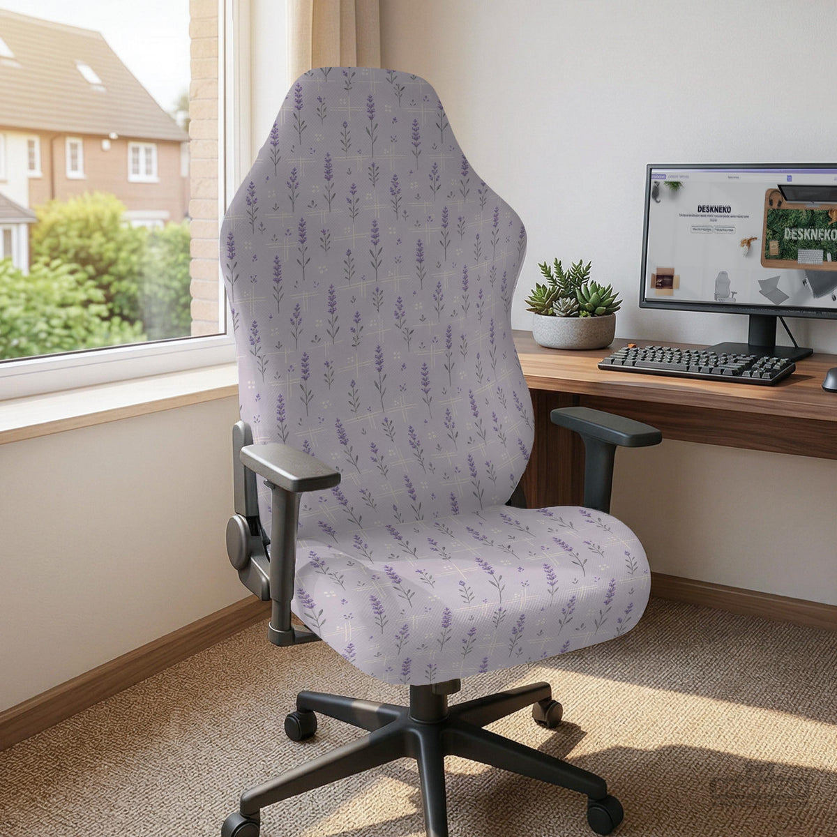 Lavender floral office chair cover with a light neutral background and small purple flower pattern.