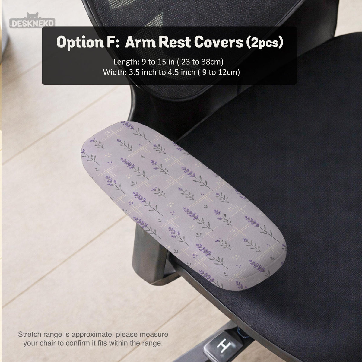 Lavender floral office chair cover with a light neutral background and small purple flower pattern.