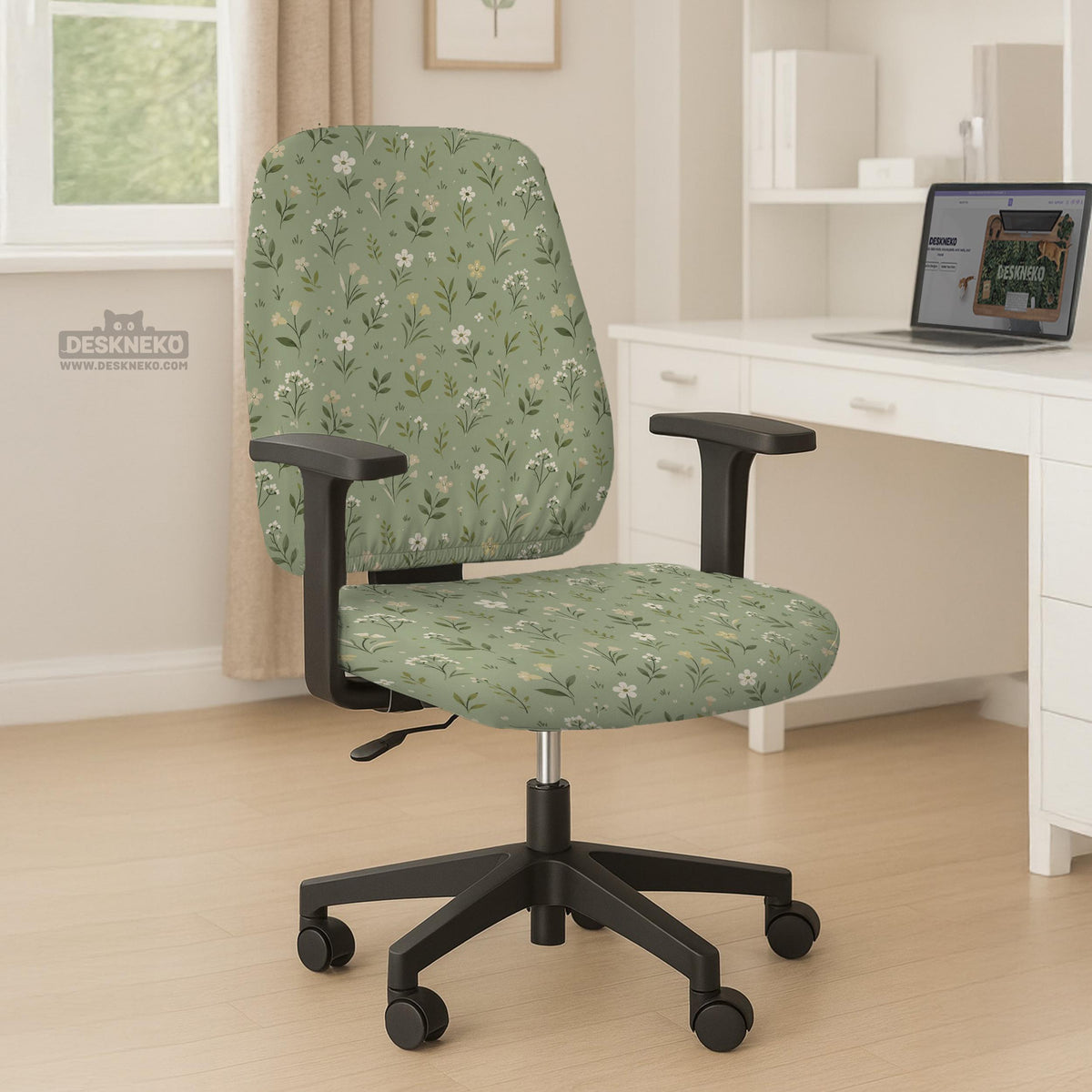 Green chair cover with a sage floral botanical print shown on a high-back gaming chair and office chair.