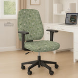 Green chair cover with a sage floral botanical print shown on a high-back gaming chair and office chair.