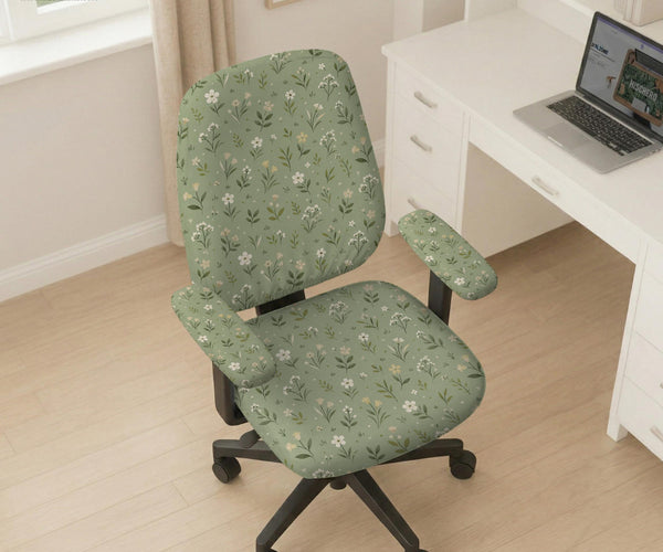 Sage green chair cover with a small floral print shown on a desk chair with a high back.
