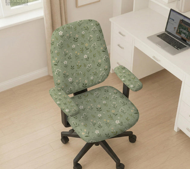 Green chair cover with a sage floral botanical print shown on a high-back gaming chair and office chair.
