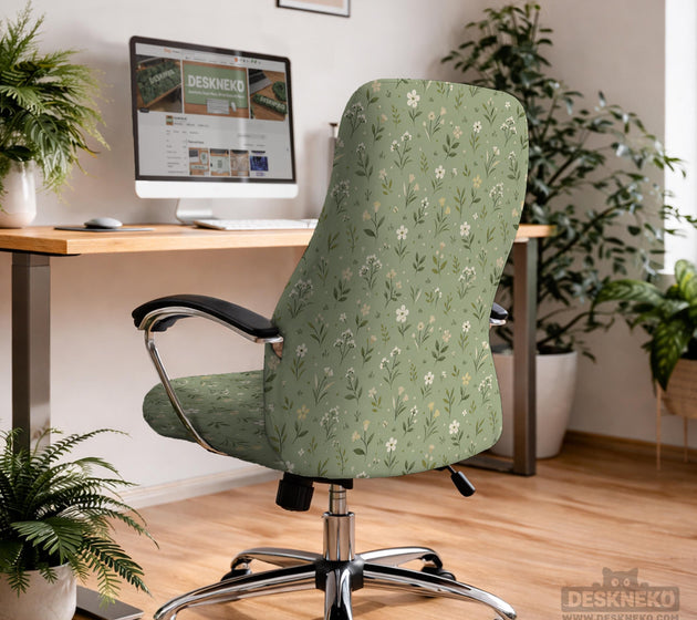 Green chair cover with a sage floral botanical print shown on a high-back gaming chair and office chair.