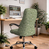 Green chair cover with a sage floral botanical print shown on a high-back gaming chair and office chair.