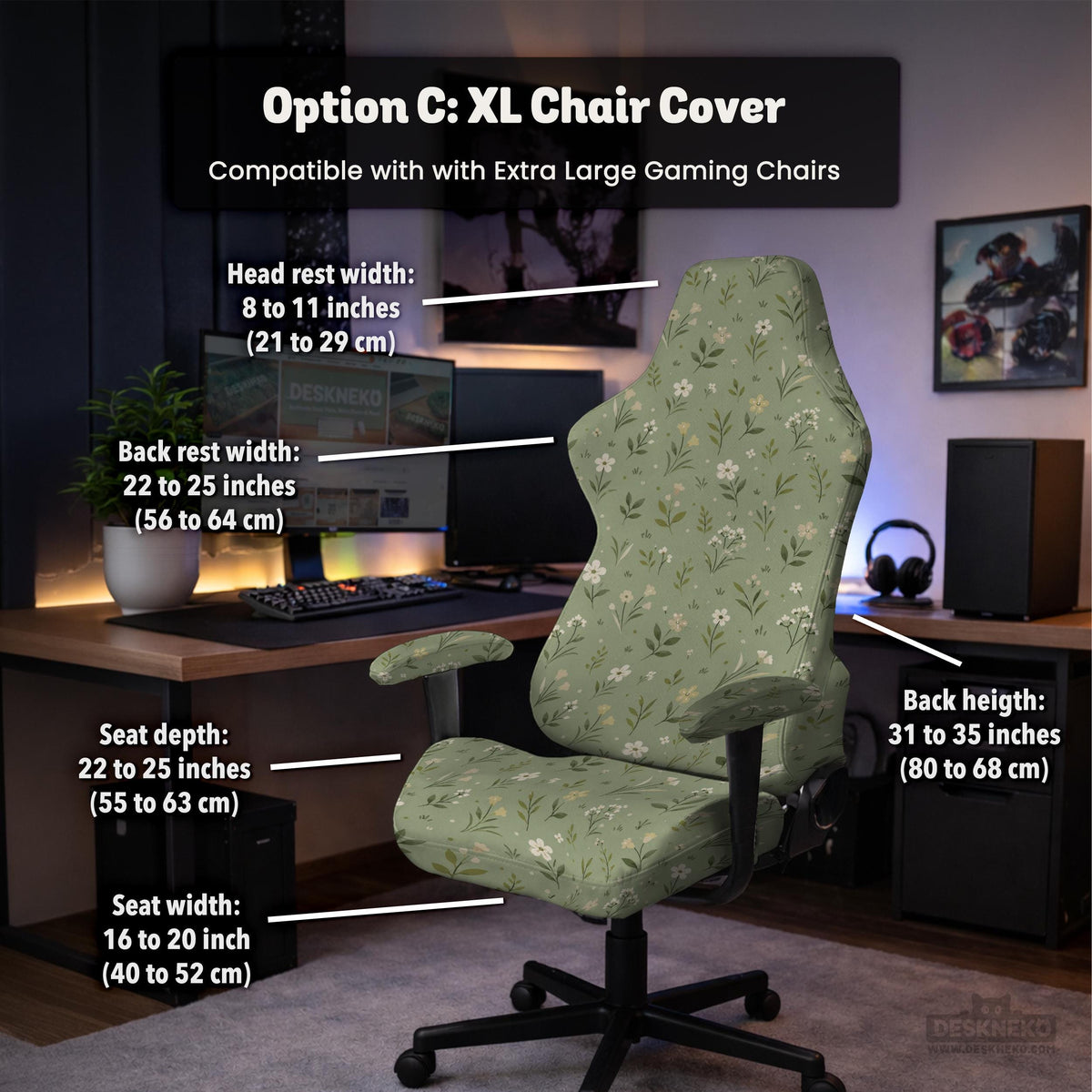 Sage green chair cover with a small floral print shown on a desk chair with a high back.